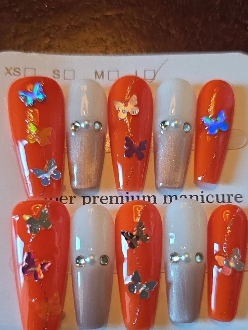 Orange Butterfly Press-On Nail Set by Size Large